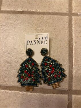 Green Beaded Christmas Tree Drop Earrings with Red Accents